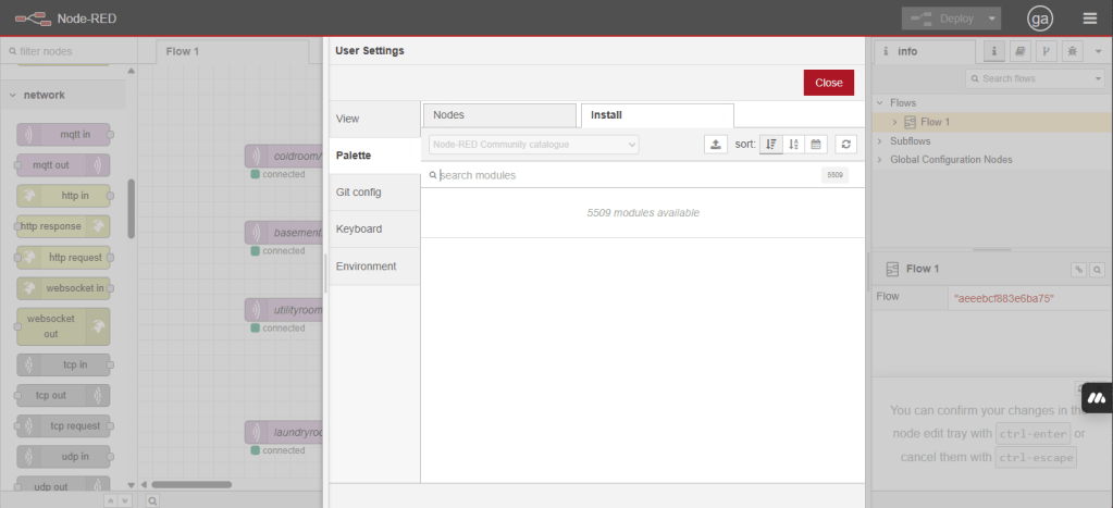 node red palette install screen